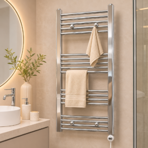 Warm Modern Bathroom with Chrome Towel Rail